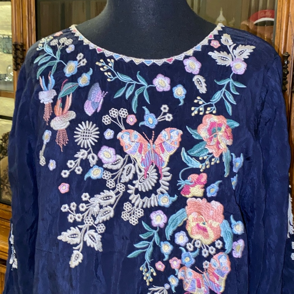 New Johnny Was Arva Embroidered Rayon Dress. Sz M Eclipse Blue $385